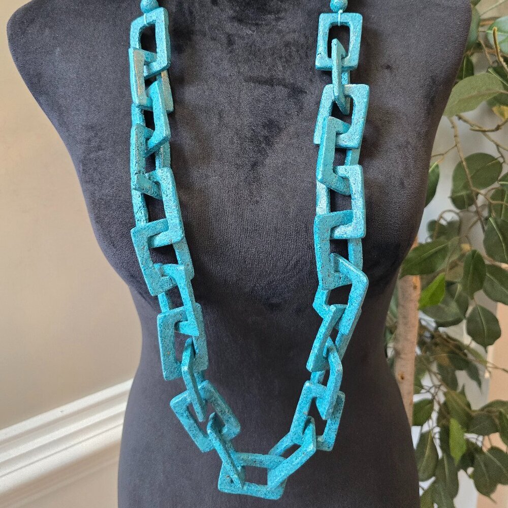 Womens Fashion Blue Square Resin Chain Link Lava Beaded Necklace Jewelry